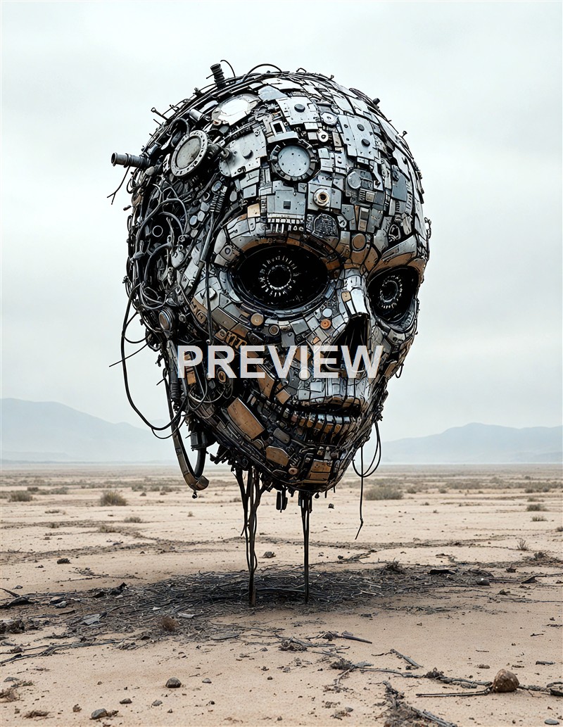 A large sculpture of a human skull made from various metallic and electronic parts stands in a barren desert landscape with mountains in the background.